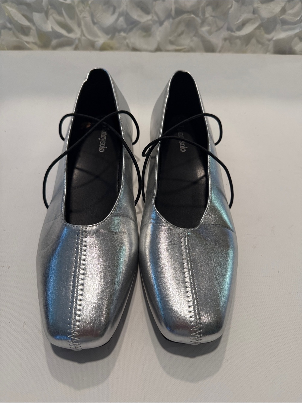 Metallic Silver Square-Toe Lace-Up Flats